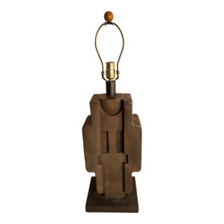 Vintage Brown Geometric Wood Table Lamp For Sale