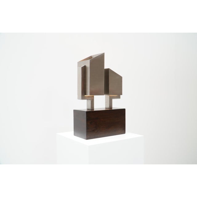 Hand-Crafted Stainless Steel and Wood Table Lamp, France, 1970s For Sale - Image 6 of 16