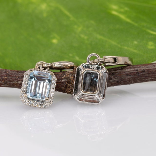 1.9ct Aquamarine Stud Earrings With Earth-Mined Diamond Accents: Solid 14k Gold, A Pair For Sale - Image 4 of 5