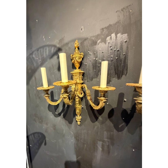 1920 Caldwell Gild Bronze Sconces 3 Lights Louis XVI Style - a Pair For Sale - Image 9 of 12