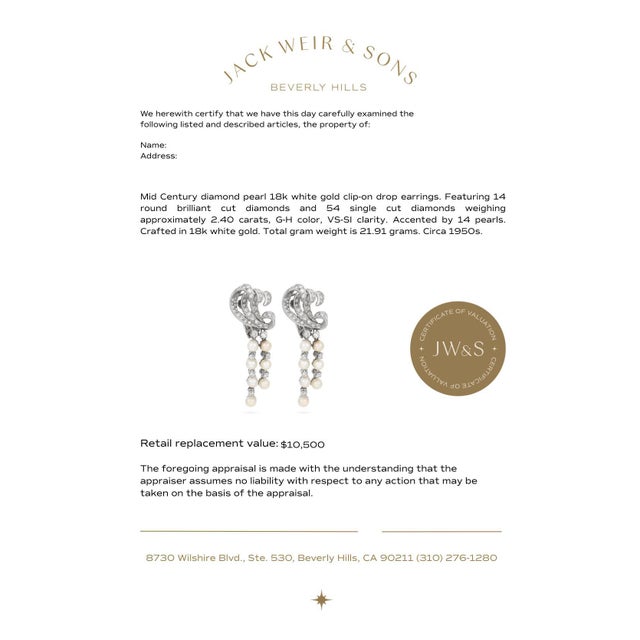 1950s Pair of Mid Century Diamond Pearl 18k White Gold Clip-on Drop Earrings For Sale In Los Angeles - Image 6 of 6