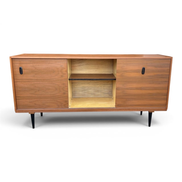 Mid-Century Modern Teak Buffet Credenza With Sliding Doors & Adjustable Shelves For Sale - Image 10 of 15
