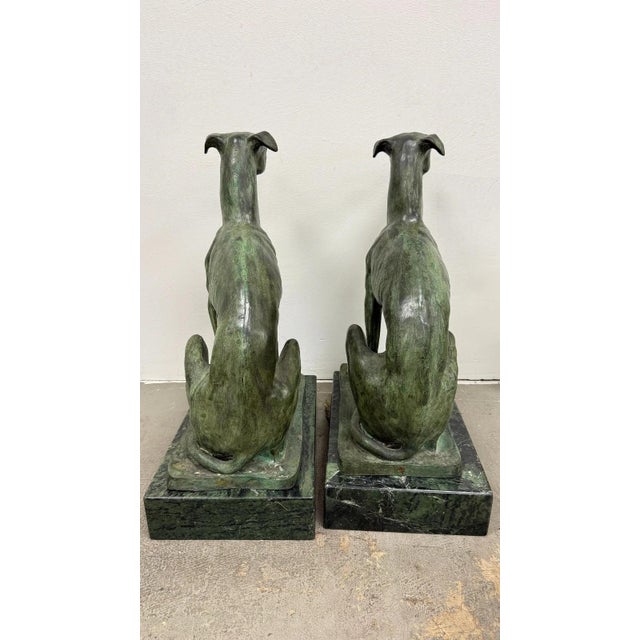 Pair of Bronze Greyhound Dog Sculptures on Marble Bases For Sale In New York - Image 6 of 11
