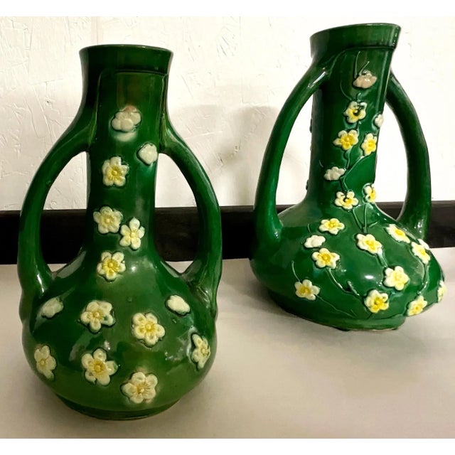 Mid 20th Century Mid-Century Chinese Export Style Green Pottery and Blossom Vases - S/2 For Sale - Image 5 of 8