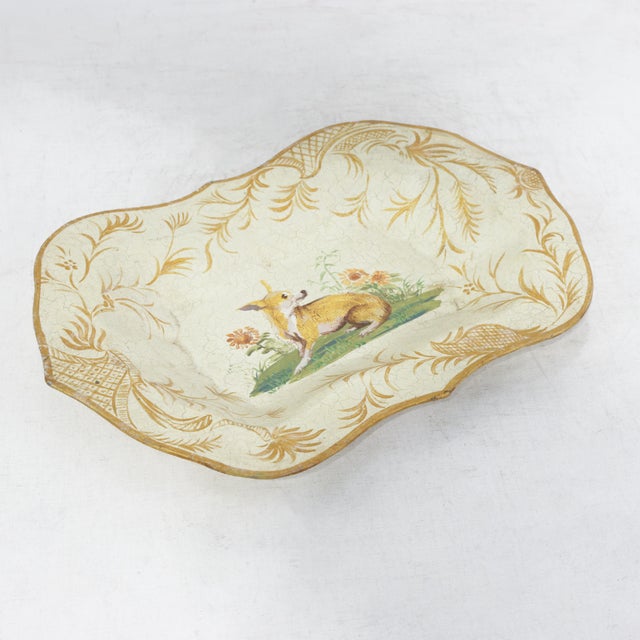 Early 21st Century Vintage Hand Painted Tole Tray Cream With Dog and Sunflower Motif Scalloped Serving Tray For Sale - Image 5 of 13