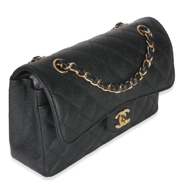 Traditional Black Quilted Caviar Small Classic Double Flap Bag For Sale - Image 3 of 9