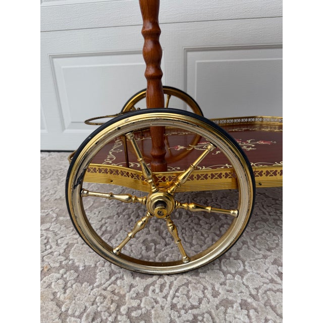 Mid-Century Traditional Wood and Brass Tea Cart With Floral Detail For Sale - Image 11 of 14