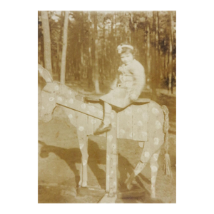 Early 20th Century Girl on Wooden Donkey Sepia Snapshot Photograph