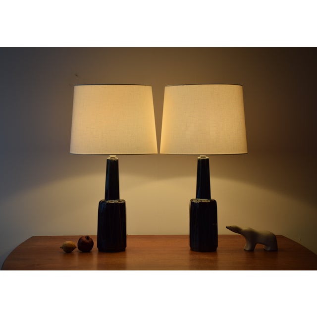 Pair of tall Mid-century Danish table lamps from the acknowledged stoneware manufacturer Søholm. Manufactured circa 1960s....