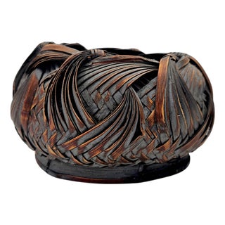 Japanese Showa Period Bamboo Ikebana Basket With Ajiro Weave 8" For Sale
