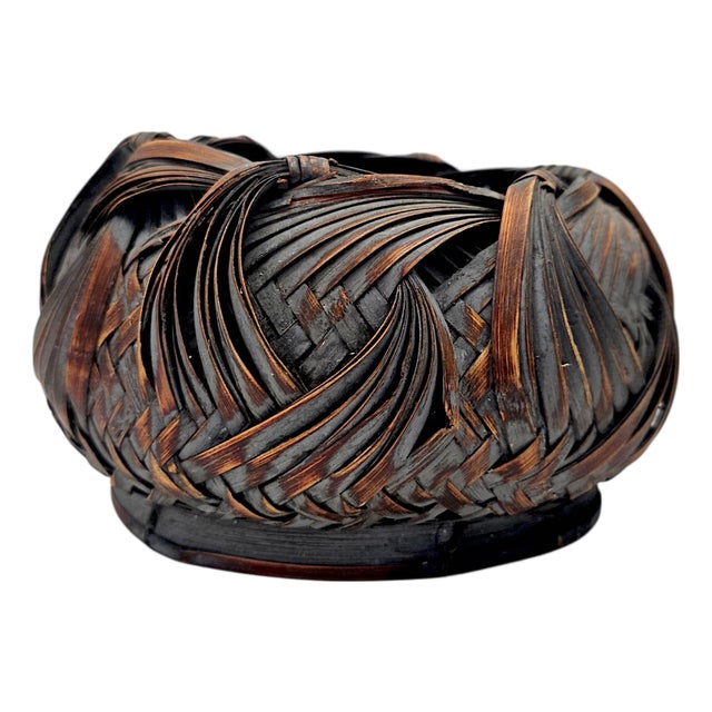 Japanese Showa Period Bamboo Ikebana Basket With Ajiro Weave 8" For Sale