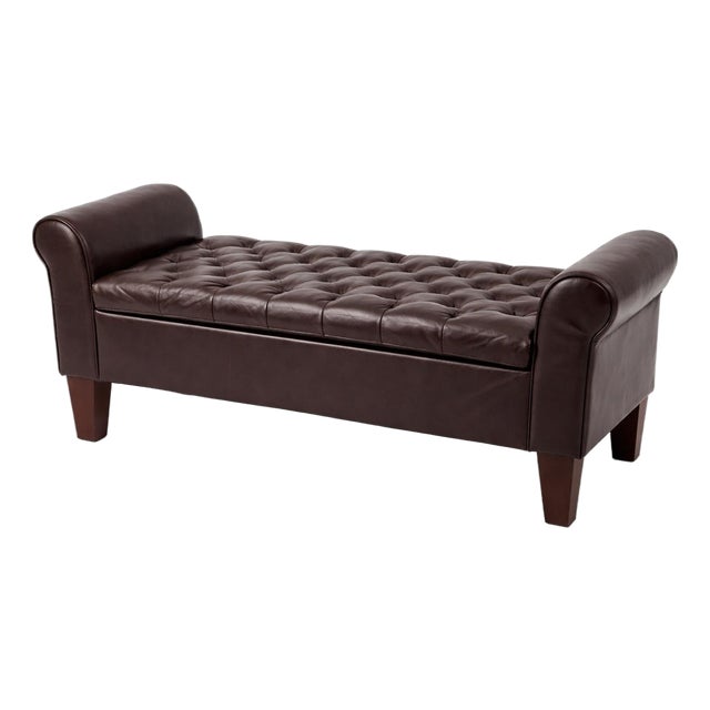 Tufted Storage Bench With Rolled Arms in Dark Espresso Faux Leather For Sale