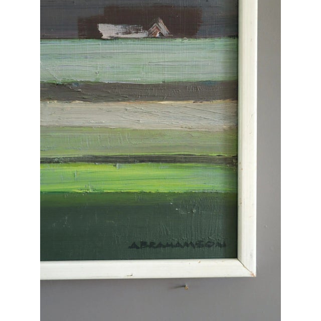Textile 1970 Modernist 'Houses on the Horizon' Original Vintage Swedish Abstract Landscape Oil Painting, Framed For Sale - Image 7 of 11