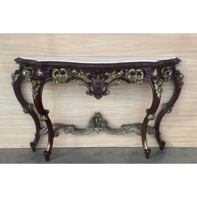 Early 20th Century Large French Regency Carved Walnut Console Table with Gilted details and marble For Sale - Image 17 of 18