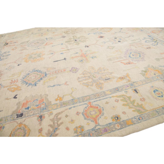 Beige Modern Turkish Oushak Handmade Floral Beige Oversize Wool Rug For Sale - Image 8 of 9