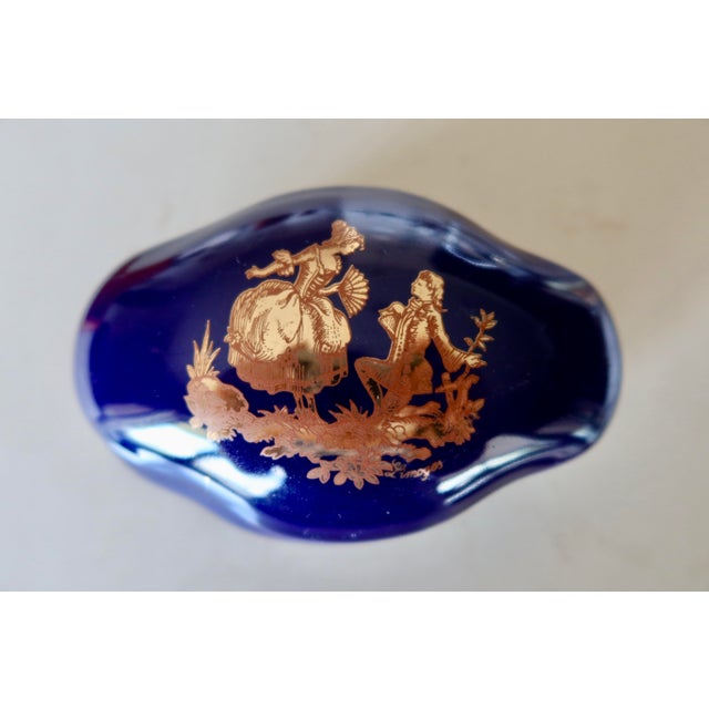French Vintage French Limoges Cobalt Blue Trinket Box — Gilt Courting Scene, 20th Century For Sale - Image 3 of 7