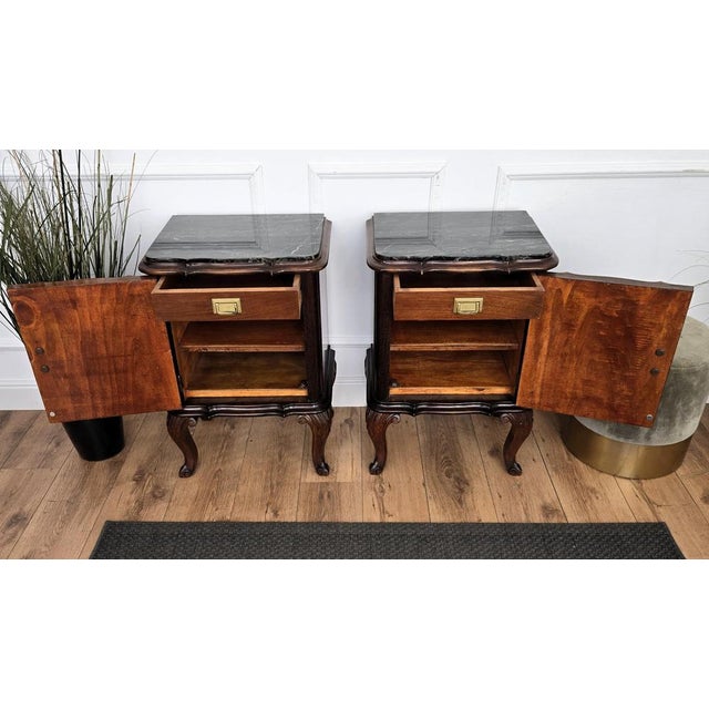 Metal Italian Chippendale Walnut Nightstands with Marble Top, 1930s, Set of 2 For Sale - Image 7 of 10
