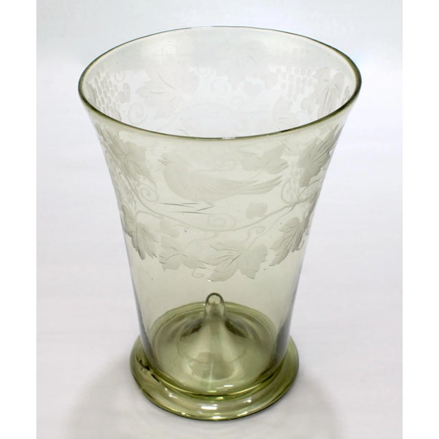 Traditional Antique Bohemian Green 'Waldglas' Type Glass Etched Beaker or Cup For Sale - Image 3 of 13