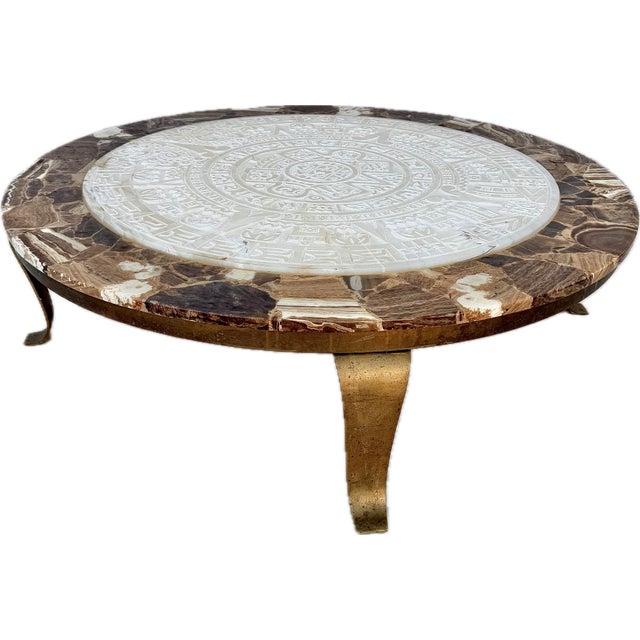 Fine Mueller Of Mexico Round Onyx And Brass Cocktail Table. Beautiful top made from onyx, a stone with unique patterns and...