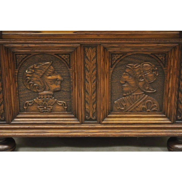 Jacobean Antique Jacobean Oak Wood Figural Bust Carved Blanket Chest Trunk on Bun Feet For Sale - Image 3 of 11
