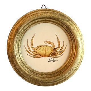 Original Hand-Painted Crab Painting Framed in a Vintage Italian Frame For Sale