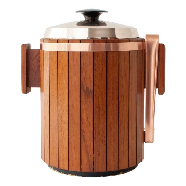 Vintage Danish Wooden Ice Bucket with Copper Details, 1960s For Sale
