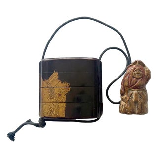 Japanese Lacquer Inro with Gold Maki-e and Carved Wood Netsuke Meiji Period For Sale