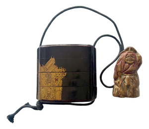 Japanese Lacquer Inro with Gold Maki-e and Carved Wood Netsuke Meiji Period