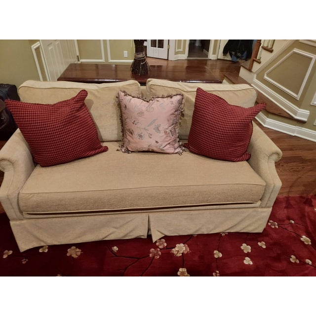 Custom Made Chenille Roll Arm Down Filled LoveseatsA Pair Chairish