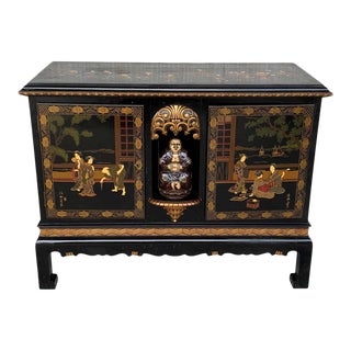 20th Black Lacquer and Hand Painted Open Altar Table or Sideboard For Sale