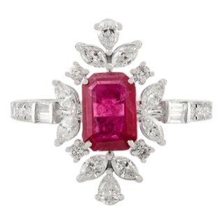 Vintage Revival Art Deco Ruby Diamond Cocktail Ring Size 5.5 in 18k Solid Gold For Sale