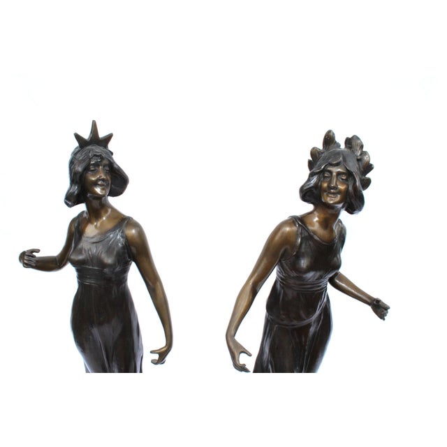 Metal 1990s Mid Century Modern/Art Nouveau Bronze pair Lady Figurines For Sale - Image 7 of 16