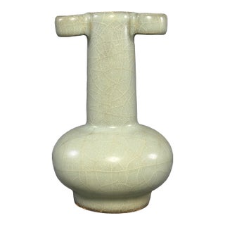 Antique Chinese Official‑Style Celadon Arrow Vase With Tubular Handles For Sale