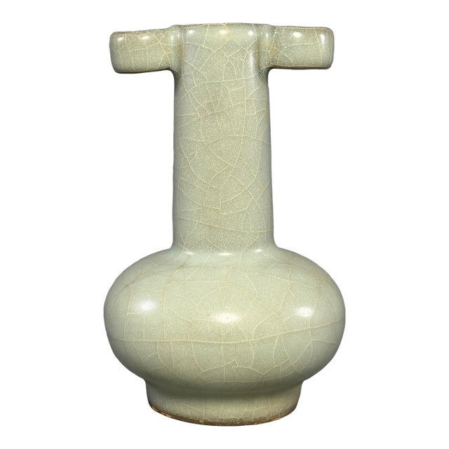 Antique Chinese Official‑Style Celadon Arrow Vase With Tubular Handles For Sale