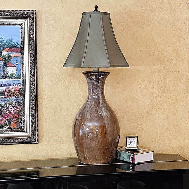 Vintage Ceramic Drip Glaze Table Lamp in Brown Studio Pottery Style With Tapered Shade For Sale - Image 10 of 18