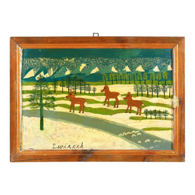 Vintage Original Signed Ludwig Wiecek 'Reindeer in Winter' Folk Art Painting For Sale