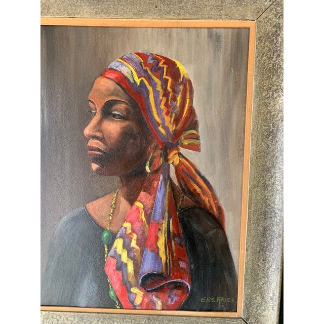 African Beautiful African Woman Oil on Board Painting by Elwood Fries For Sale - Image 3 of 11