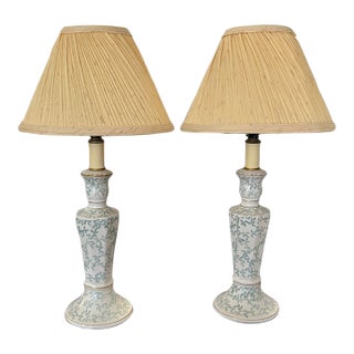 Vintage White Porcelain Candlestick Table Lamps With Blue Coral Pattern, a Pair For Sale