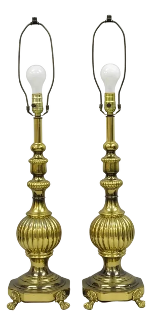 Vintage French Empire Style Burnished Brass Column Paw Foot Table Lamps - A Pair