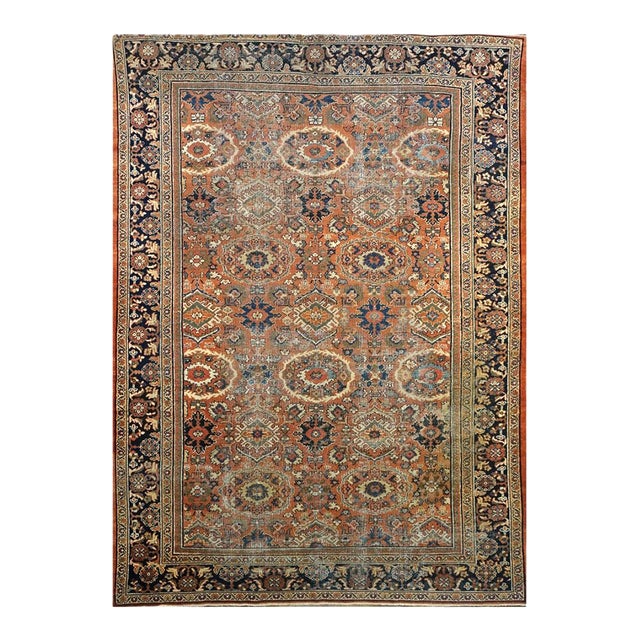 Antique Afghan Sultanabad Masters Wool 8 x 12 Navy, Orange, Red & Ivory Handmade Area Rug #1142130 For Sale