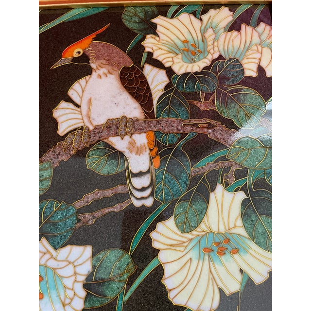 Vintage Lava Stone Cloisonné Painting Pair, Gold Wire Inlay With Birds & Floral For Sale - Image 4 of 9