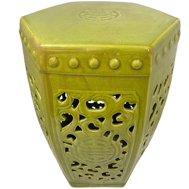 Chinese Mid Century Hexagonal Avocado Green Garden Stool For Sale - Image 3 of 9