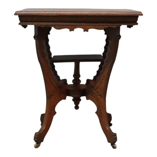Traditional Antique Rj Horner Attr. Chip Carved Oak Table With Casters C1920 For Sale - Image 3 of 11