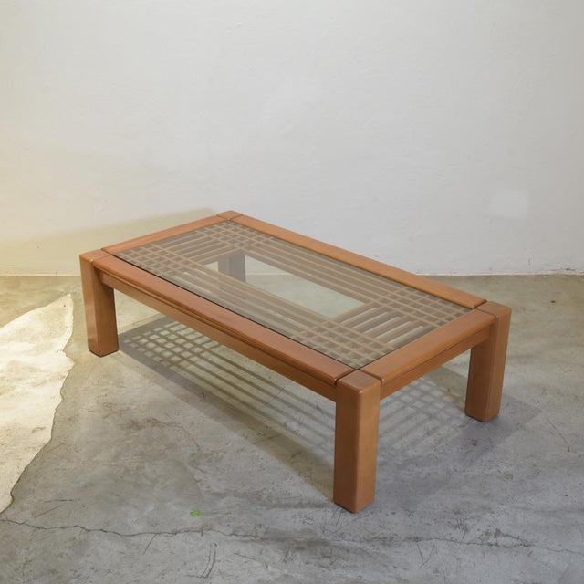 Wood Coffee Table in Wood and Glass with Geometric Grid by Ettore Sottsass for Santambrogio e De Berti, 1970s For Sale - Image 7 of 12