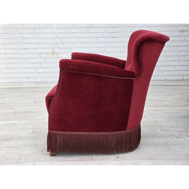 Vintage Danish Lounge Chair in Cherry-Red Furniture Velour and Oak, 1960s For Sale - Image 13 of 18