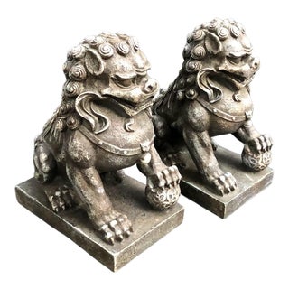 Grey Faux-Stone Foo Dog Bookends For Sale