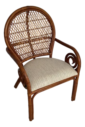 1980s Bamboo Rattan Lounge Chair-Woven Cane Back- Upholstery Seat