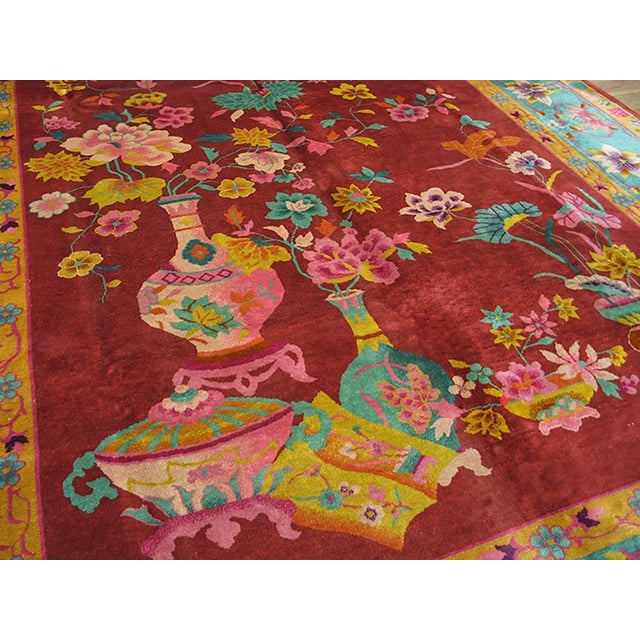 Art Deco 1920s Red Floral Classic Antique Chinese Art Deco Rug 8'8"x11'4" Handknotted Wool Carpet For Sale - Image 3 of 6