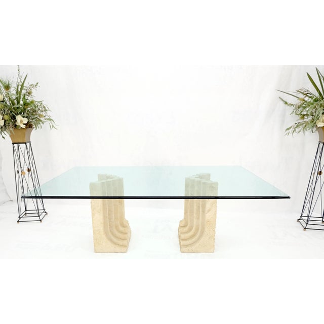 1970s Large Oversize Wide Rectangle Shape Glass Top Travertine Dining Conference Table For Sale - Image 5 of 12