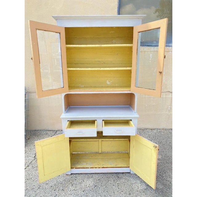 1900s Antique Country Farmhouse White Painted 2 Piece Step Back Hutch Kitchen Cupboard For Sale - Image 4 of 12